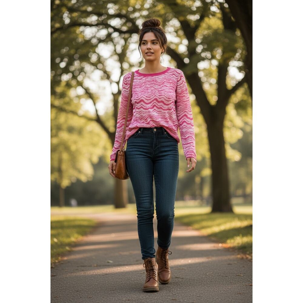 Milly Wavy Jacquard Pink Ecru Crewneck Sweater Size L NWT Preppy Academia Edgy